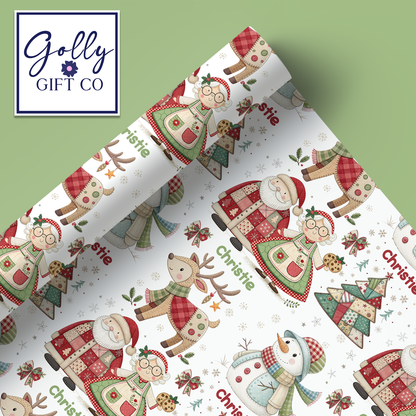 Personalized Patchwork Christmas Wrapping Paper - Your Name Christmas Gift Wrap - Custom Gift Wrap for Christmas With Santa and Mrs Claus