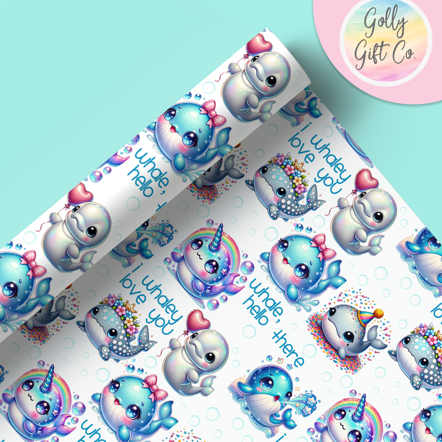 I Whaley Love You Wrapping Paper - Gift Wrap - Whales and Narwhals for Birthday or Other Occasion Wrapping Paper - Golly Gift Co