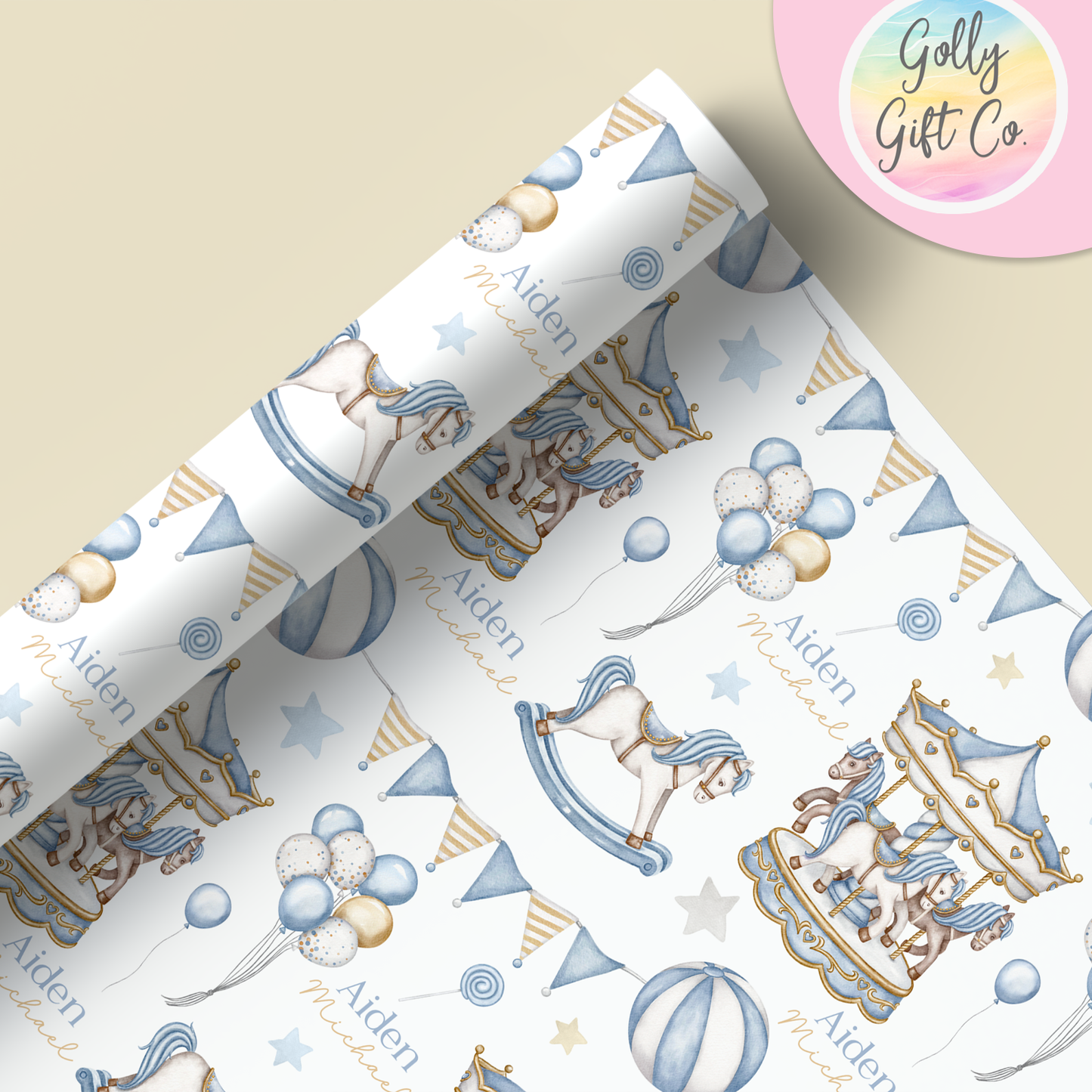 Personalized Blue Carousel Wrapping Paper - Your Name Baby Birthday or Baby Shower Gift Wrap - Baby's Name on Blue Carousel Gift Wrap