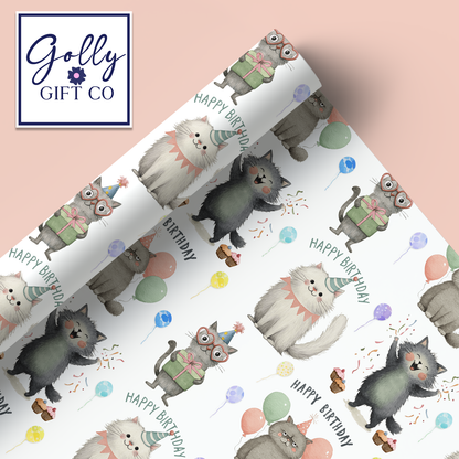 Adorable Birthday Cats with Balloons Wrapping Paper - Gift Wrap for Cat Lovers Birthdays with Cute Cats Saying Happy Birthday
