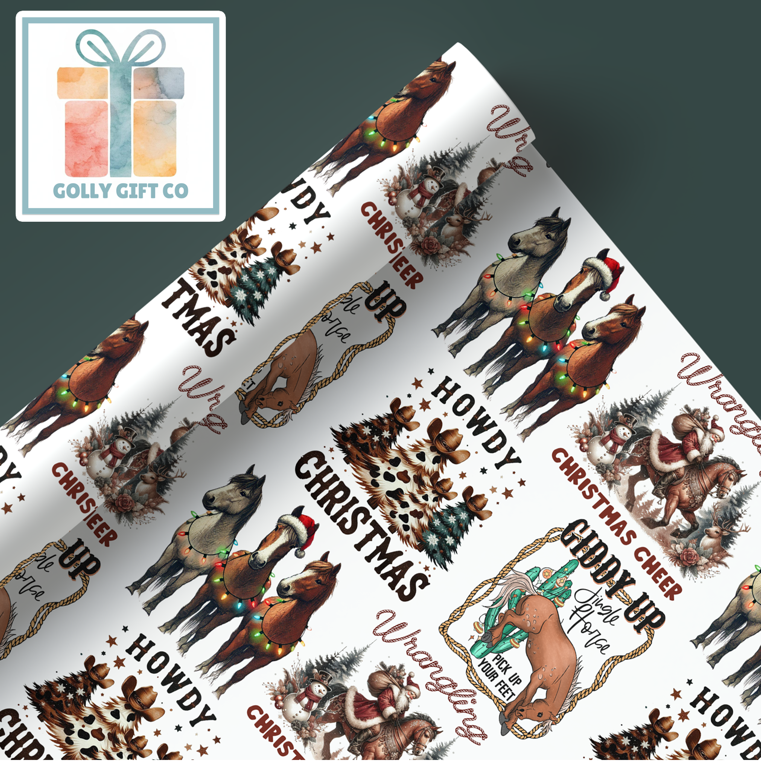 Cowboy Christmas Wrapping Paper Giddy Up Jingle Horse Country and Western Christmas Wrapping Paper - Howdy Christmas - Cowboy Santa - Golly Gift Co