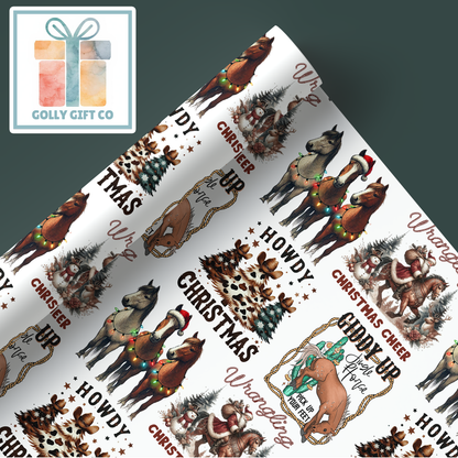 Cowboy Christmas Wrapping Paper Giddy Up Jingle Horse Country and Western Christmas Wrapping Paper - Howdy Christmas - Cowboy Santa - Golly Gift Co