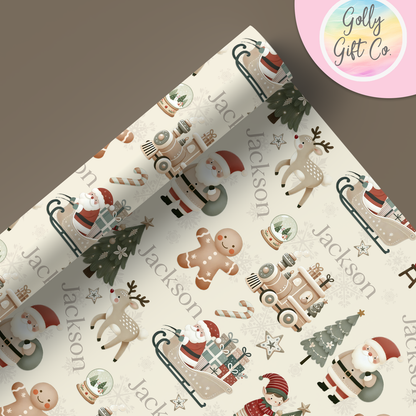 Personalized Cute Boho Christmas Wrapping Paper - Your Name Christmas Gift Wrap - Custom Gift Wrap for Christmas With Neutral Colors - Golly Gift Co