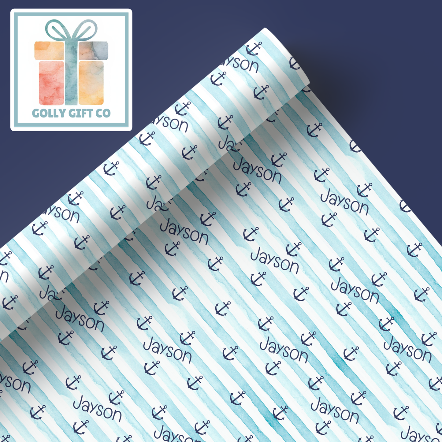 Personalized Blue Anchors Away Wrapping Paper - Your Name Baby Birthday or Baby Shower Gift Wrap - Baby's Name Navy Blue Themed Gift Wrap - Golly Gift Co