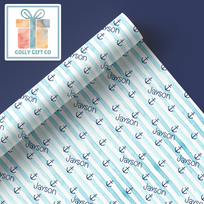 Personalized Blue Anchors Away Wrapping Paper - Your Name Baby Birthday or Baby Shower Gift Wrap - Baby's Name Navy Blue Themed Gift Wrap - Golly Gift Co
