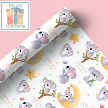 Personalized Koala Wrapping Paper, Custom Name Gift Wrap, Baby Girl Koala Bear, Baby Shower Gift Wrap, Kids Birthday Wrapping Paper