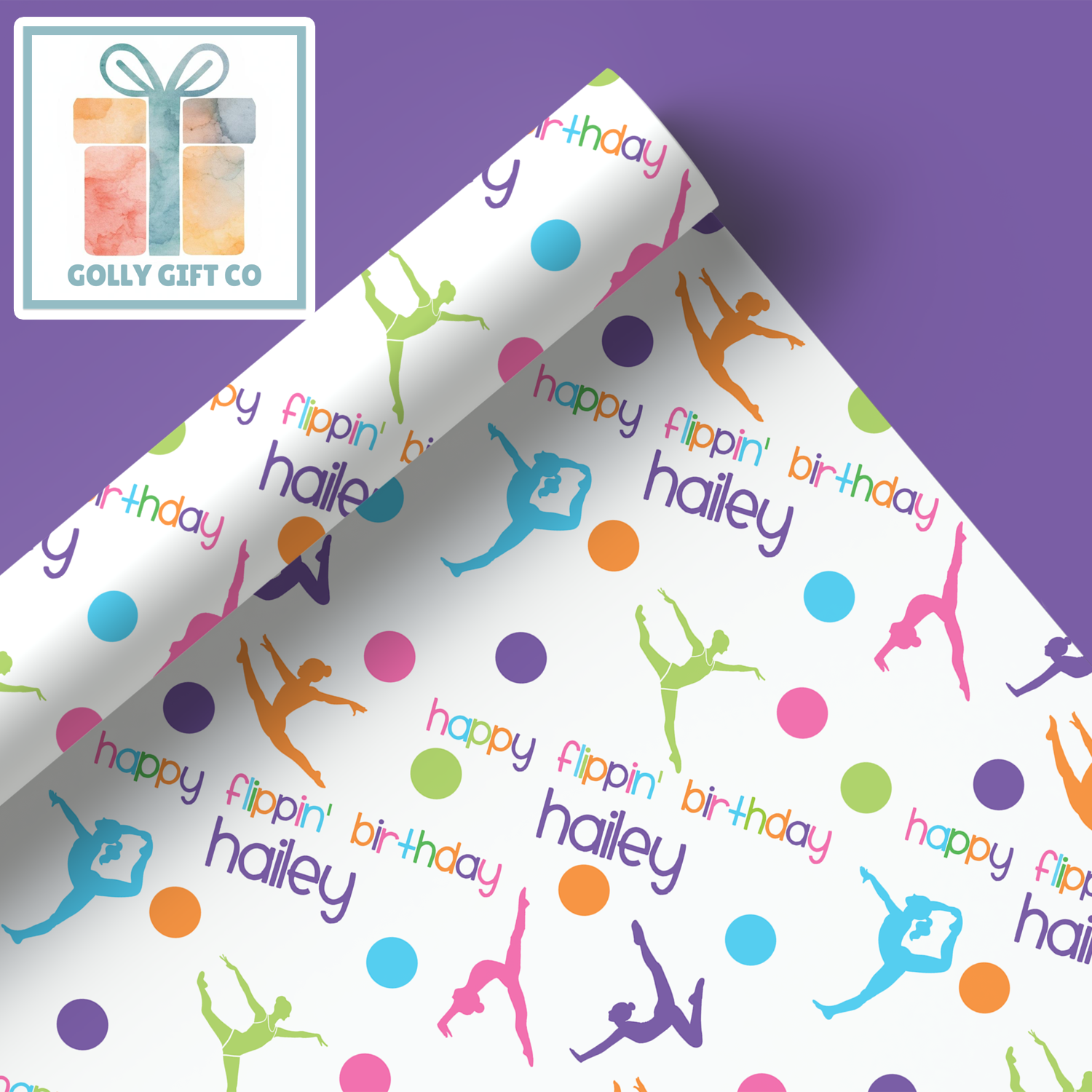 Gymnastics Birthday Gift Wrap / Girls Gymnastics Themed Wrapping Paper / Wrapping Paper for Gifts for Gymnasts - Happy Flippin Birthday - Golly Gift Co