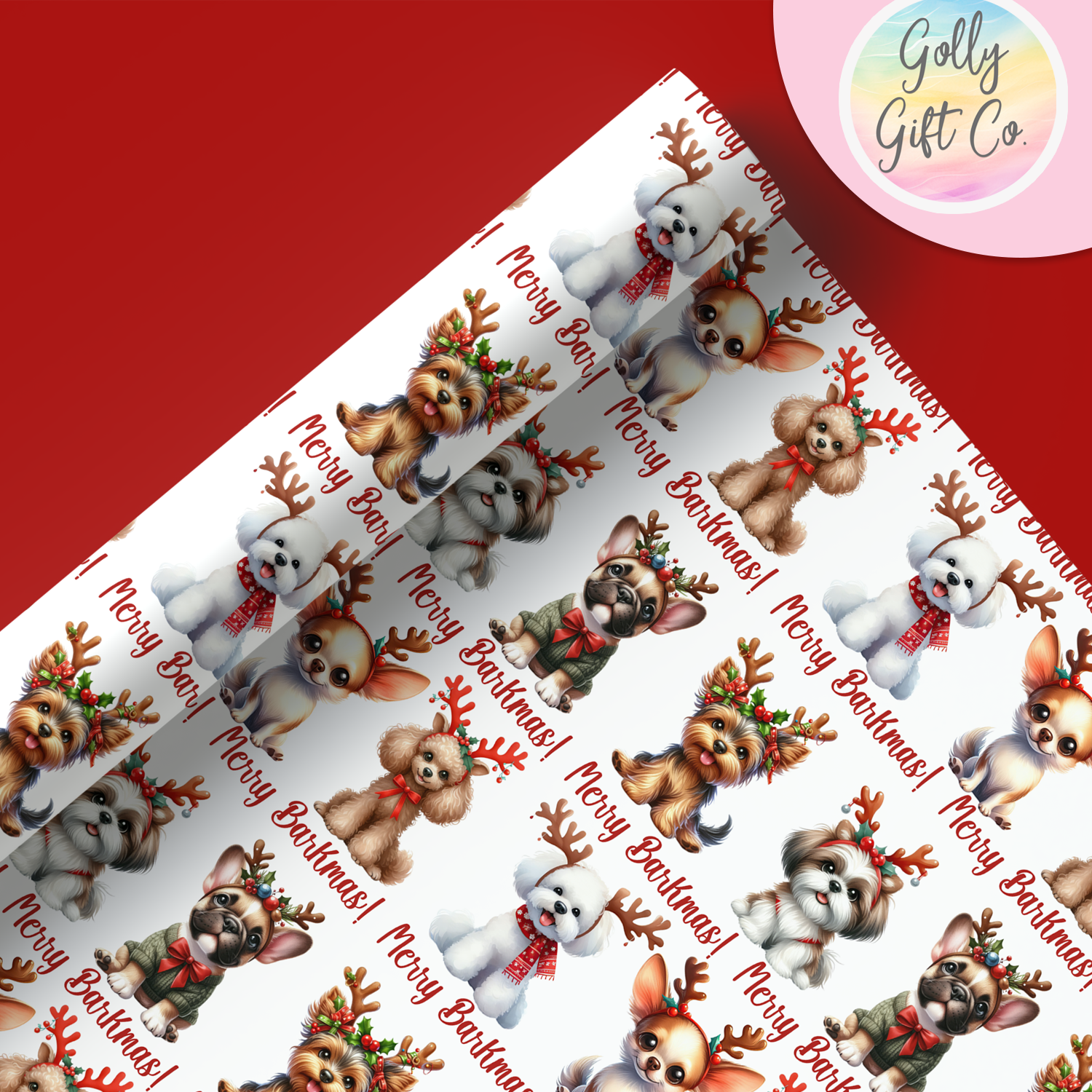 Adorable Christmas Dogs Wrapping Paper - Gift Wrap Dogs with Reindeer Antlers - Merry Barkmas Christmas Wrapping Paper - Christmas for Dogs - Golly Gift Co