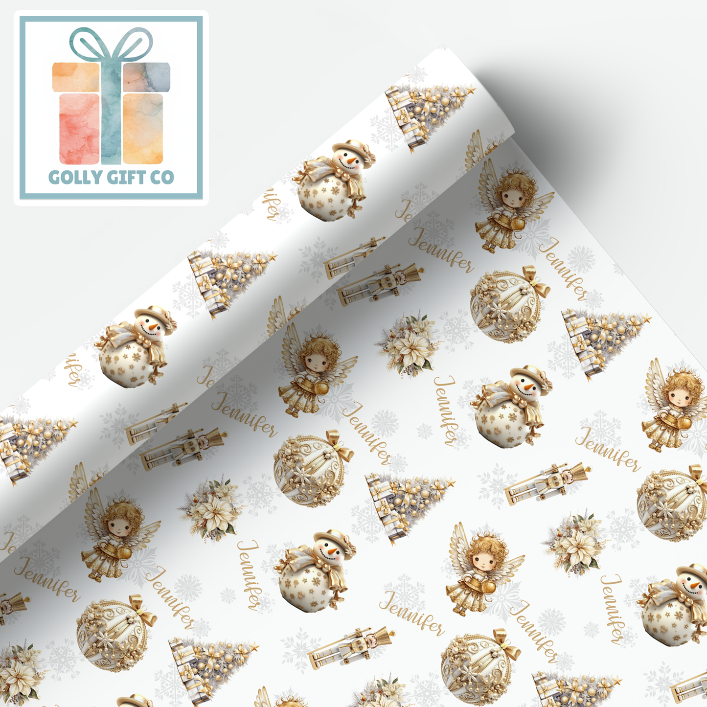 Personalized Gold Christmas Wrapping Paper - Your Name Christmas Gift Wrap in Hues of Silver and Gold - Elegant Christmas Wrapping Paper - Golly Gift Co