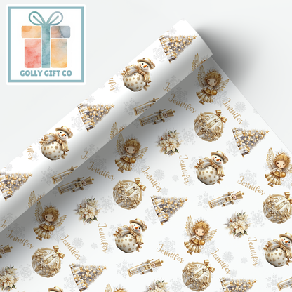 Personalized Gold Christmas Wrapping Paper - Your Name Christmas Gift Wrap in Hues of Silver and Gold - Elegant Christmas Wrapping Paper - Golly Gift Co