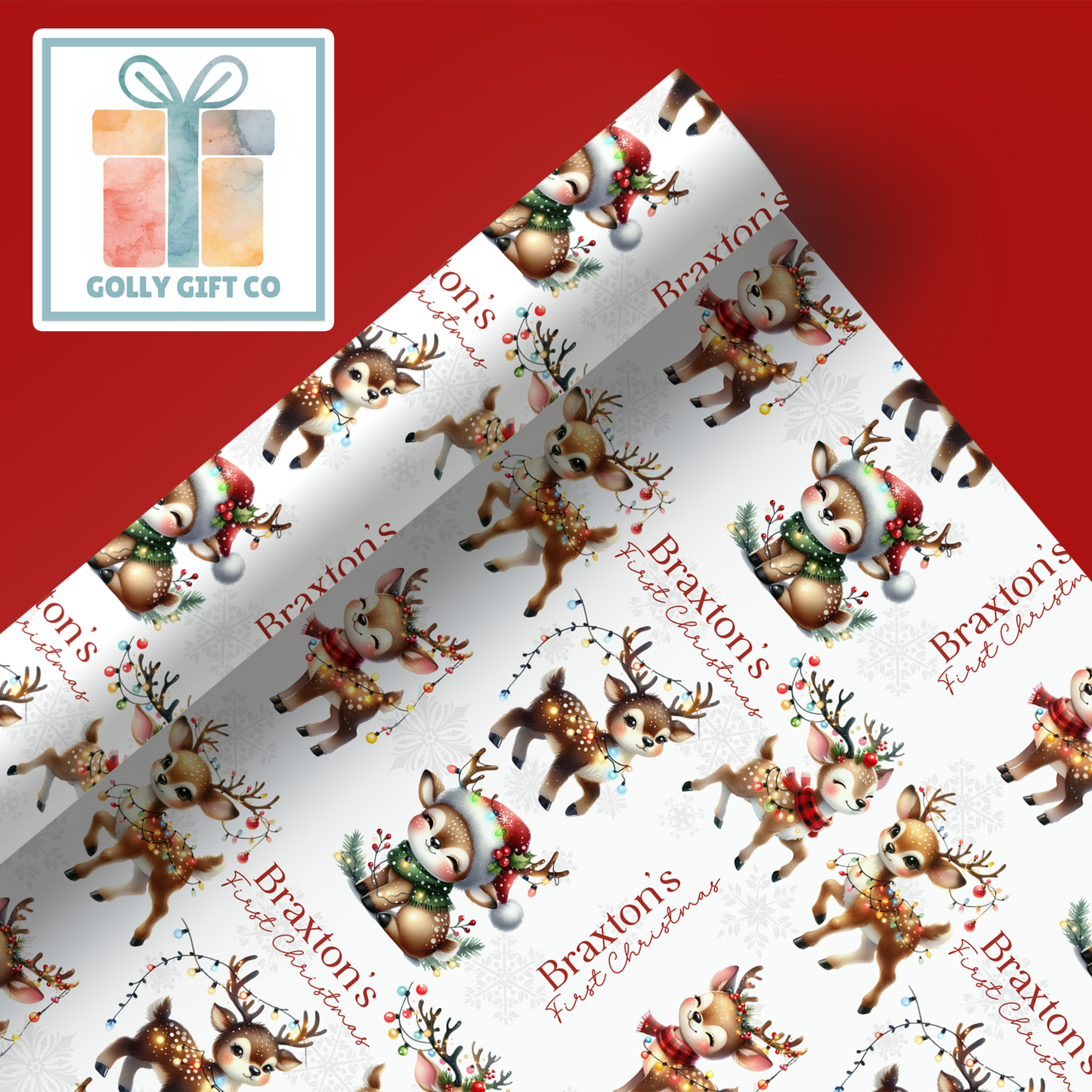 Personalized Baby's First Christmas Wrapping Paper - Your Name Christmas Gift Wrap - Baby's Name and Cute Reindeers Christmas Gift Wrap - Golly Gift Co