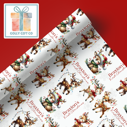 Personalized Baby's First Christmas Wrapping Paper - Your Name Christmas Gift Wrap - Baby's Name and Cute Reindeers Christmas Gift Wrap - Golly Gift Co