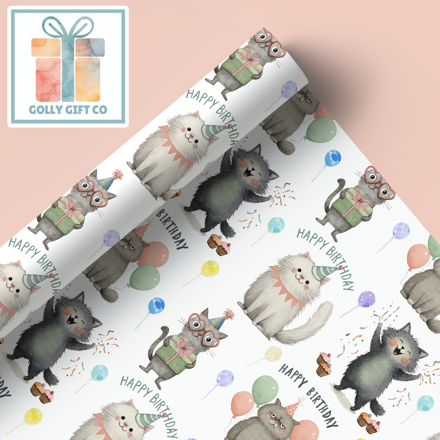 Adorable Birthday Cats with Balloons Wrapping Paper - Gift Wrap for Cat Lovers Birthdays with Cute Cats Saying Happy Birthday - Golly Gift Co