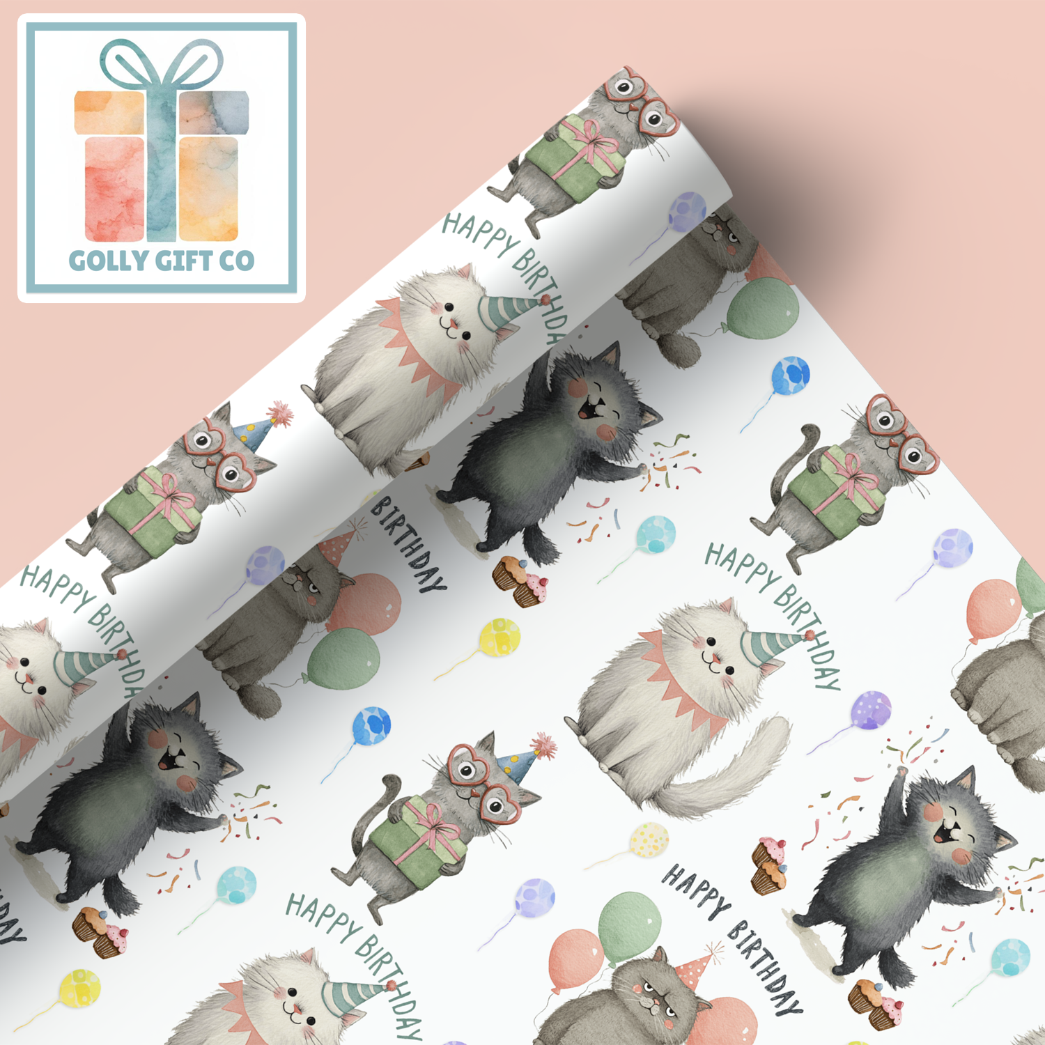 Adorable Birthday Cats with Balloons Wrapping Paper - Gift Wrap for Cat Lovers Birthdays with Cute Cats Saying Happy Birthday - Golly Gift Co
