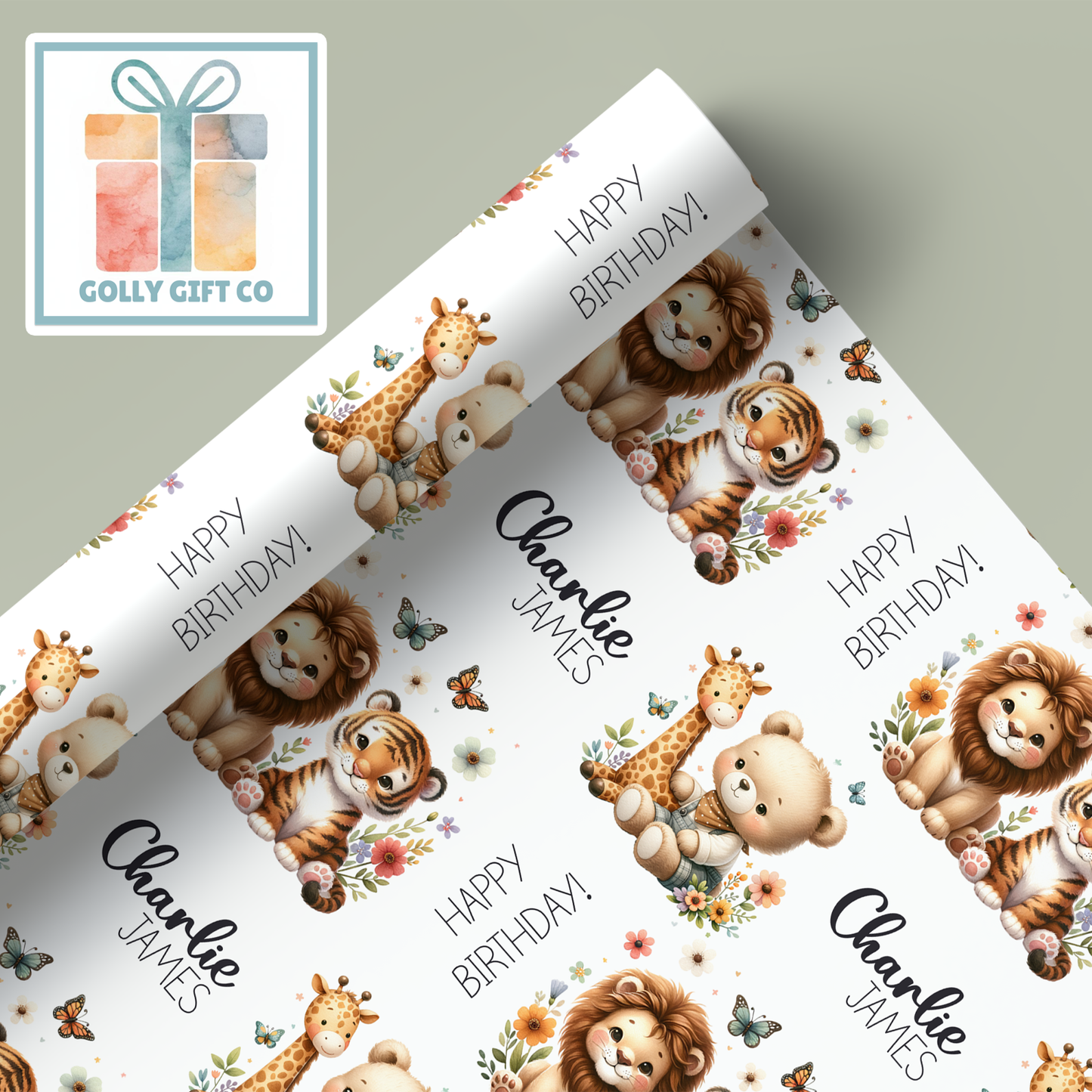 Personalized Special Occasion Wrapping Paper - Birthday - Baby Shower - Little Boy or Little Girl - Baby Animals and Teddy Bear Gift Wrap - Golly Gift Co