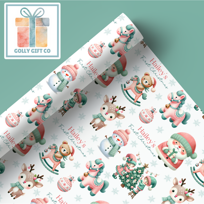 Personalized Baby's First Christmas Wrapping Paper - Your Name Christmas Gift Wrap - Baby's Name and Pink and Mint Christmas Gift Wrap - Golly Gift Co