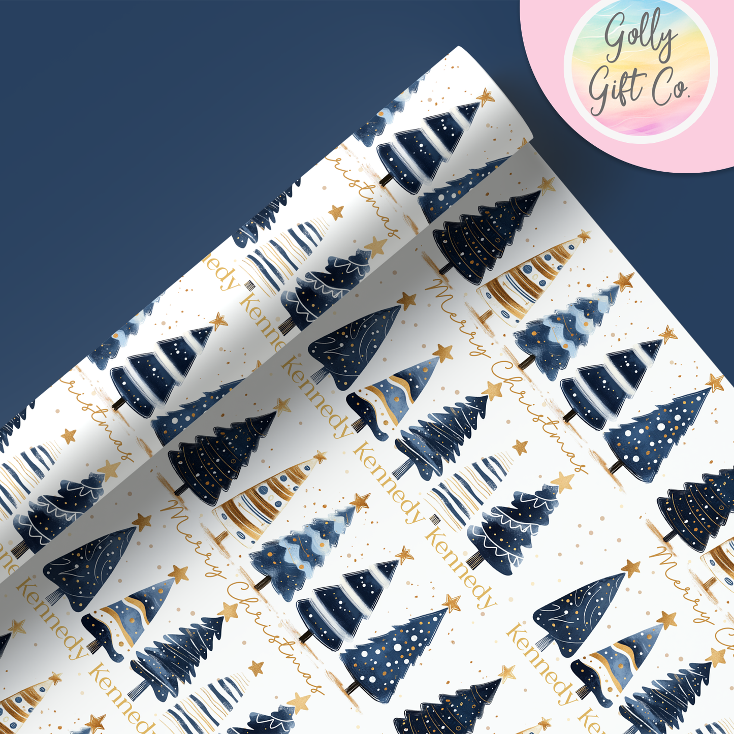 Personalized Elegant Blue Trees Christmas Wrapping Paper - Your Name Christmas Gift Wrap - Custom Gift Wrap for Christmas Gifts - Golly Gift Co