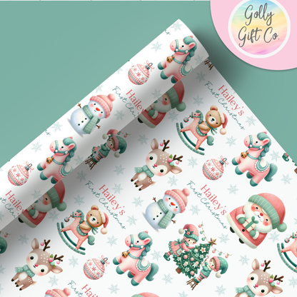 Personalized Baby's First Christmas Wrapping Paper - Your Name Christmas Gift Wrap - Baby's Name and Pink and Mint Christmas Gift Wrap