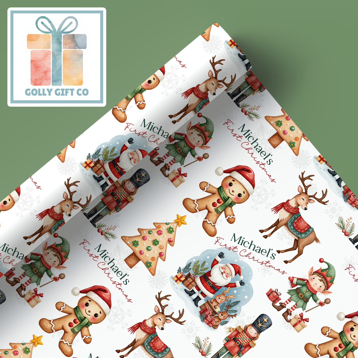 Personalized Baby's First Christmas Wrapping Paper - Your Name Christmas Gift Wrap - Baby's Name and Sweet Cute Christmas Gift Wrap - Golly Gift Co