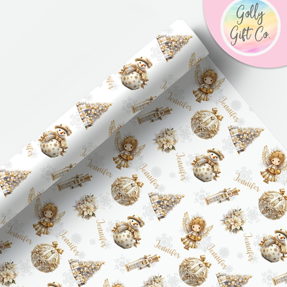 Personalized Gold Christmas Wrapping Paper - Your Name Christmas Gift Wrap in Hues of Silver and Gold - Elegant Christmas Wrapping Paper - Golly Gift Co