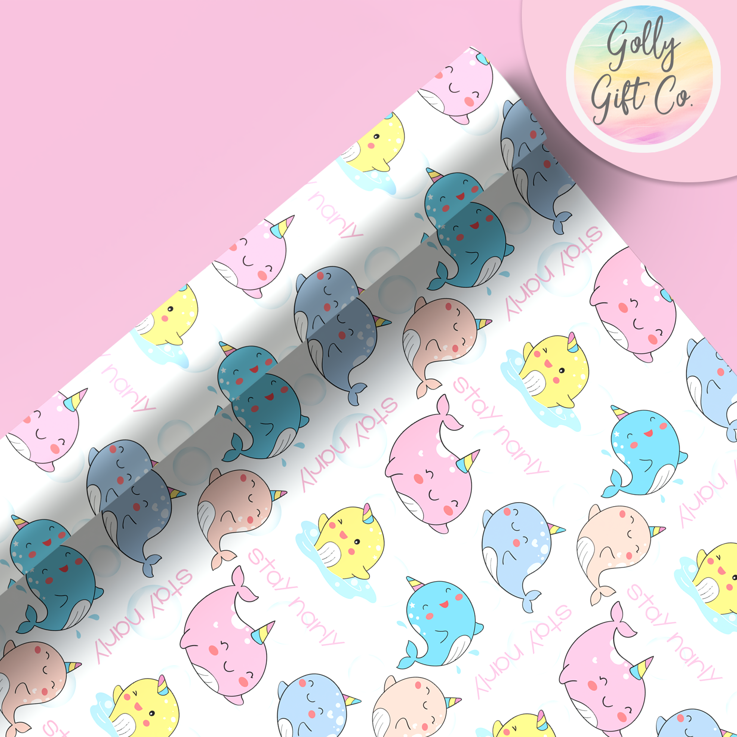 Stay Narly Adorable Narwhal Themed Wrapping Paper - Narwhal Gift Wrap For Birthday or Other Occasions - Golly Gift Co