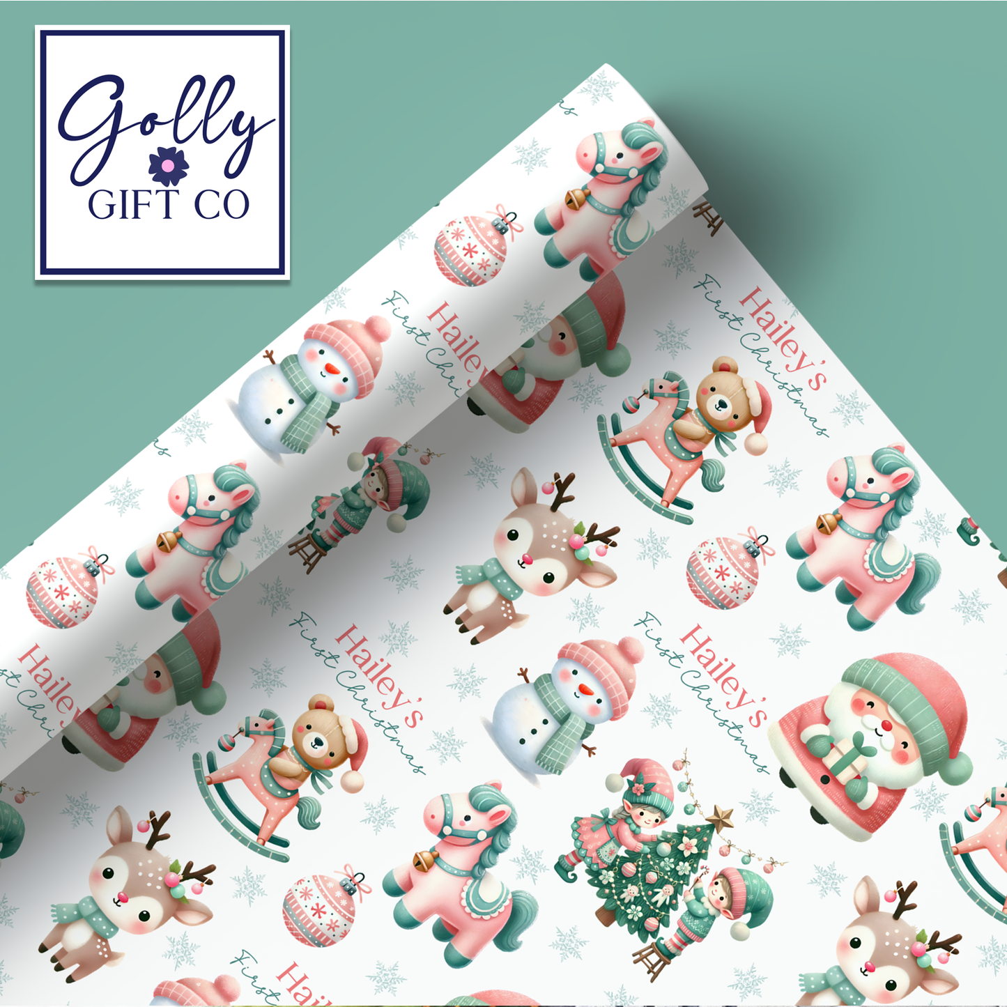 Personalized Baby's First Christmas Wrapping Paper - Your Name Christmas Gift Wrap - Baby's Name and Pink and Mint Christmas Gift Wrap