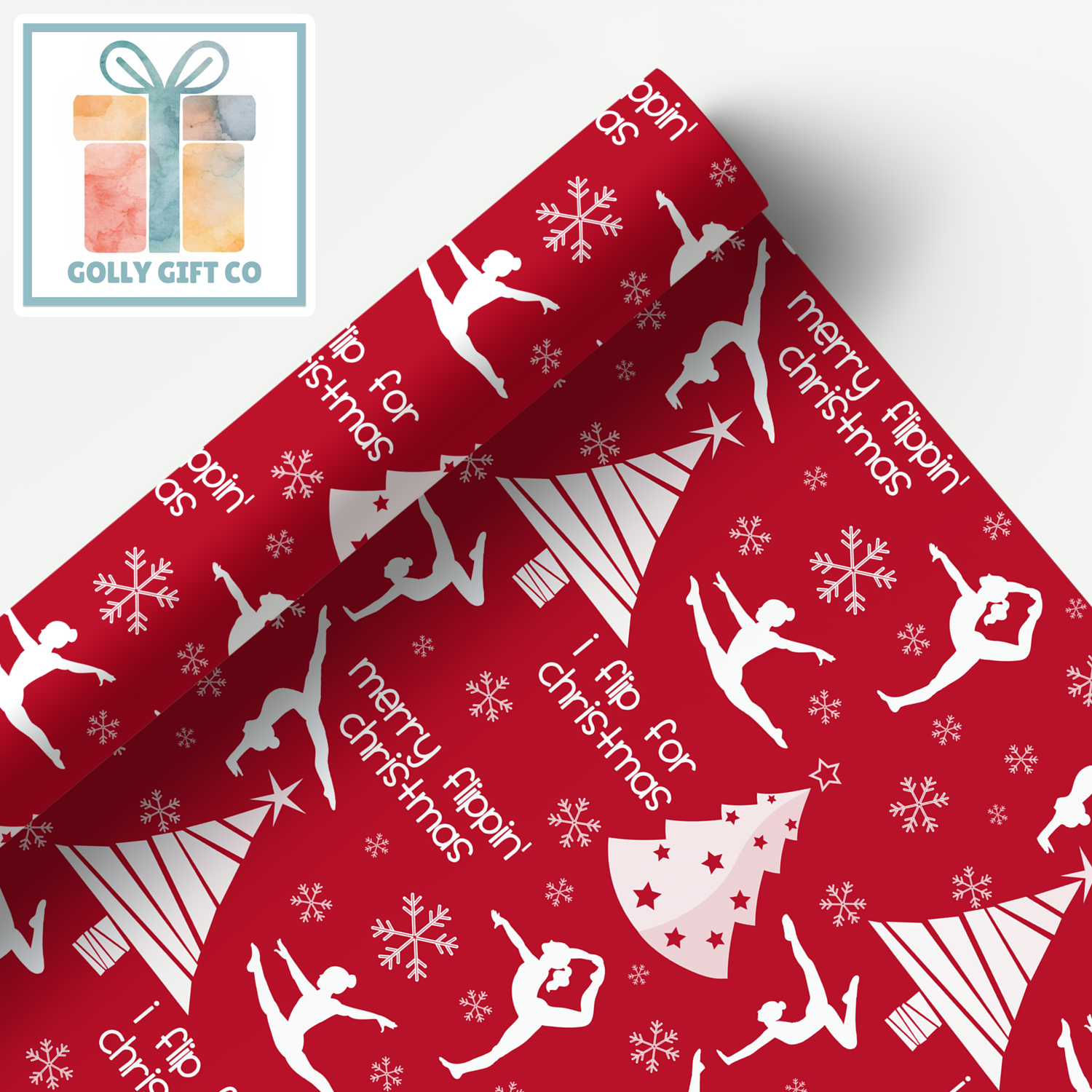Gymnastics Christmas Gift Wrap / Girls Gymnastics Themed Wrapping Paper / Wrapping Paper for Gifts for Gymnasts - Flip For Christmas - Golly Gift Co