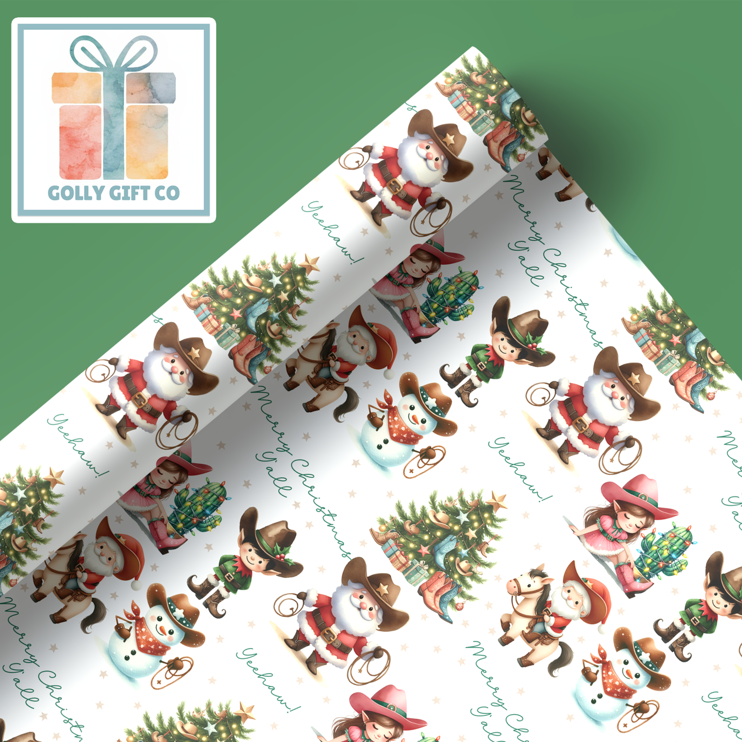 Cowboy Christmas Merry Christmas Y'all and Yeehaw Cowboy Santa Country and Western Christmas Wrapping Paper - Golly Gift Co