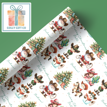 Cowboy Christmas Merry Christmas Y'all and Yeehaw Cowboy Santa Country and Western Christmas Wrapping Paper - Golly Gift Co