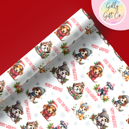 Adorable Christmas Dogs Wrapping Paper - Gift Wrap Dogs with Winter Hats - Merry Woofmas Christmas Wrapping Paper - Golly Gift Co