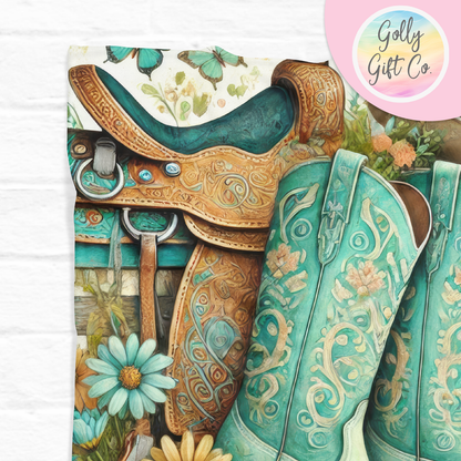 Personalized Turquoise Boots Blanket - Cowboy Boots and Daisies - Gift for Cowgirl - Monogrammed Fleece Blanket for Country and Western Girl