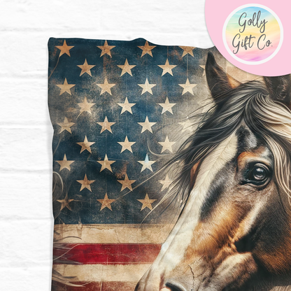 Personalized Rustic American Flag and Horse Blanket - Gift for Cowgirl - Patriotic Monogrammed Fleece Blanket for Country and Western Girl