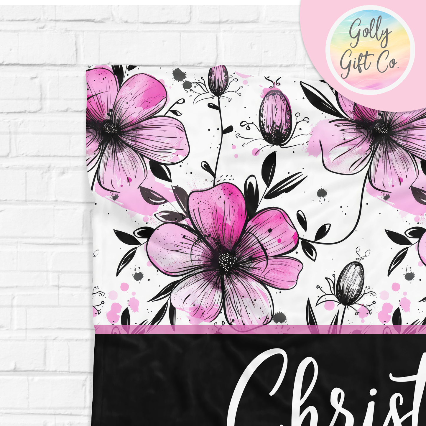 Personalized Pink and Black Inky Floral Bedding - Flower Pattern in a Inky Style Fleece or Sherpa Throw Blanket - Custom Gift for Her - Golly Gift Co