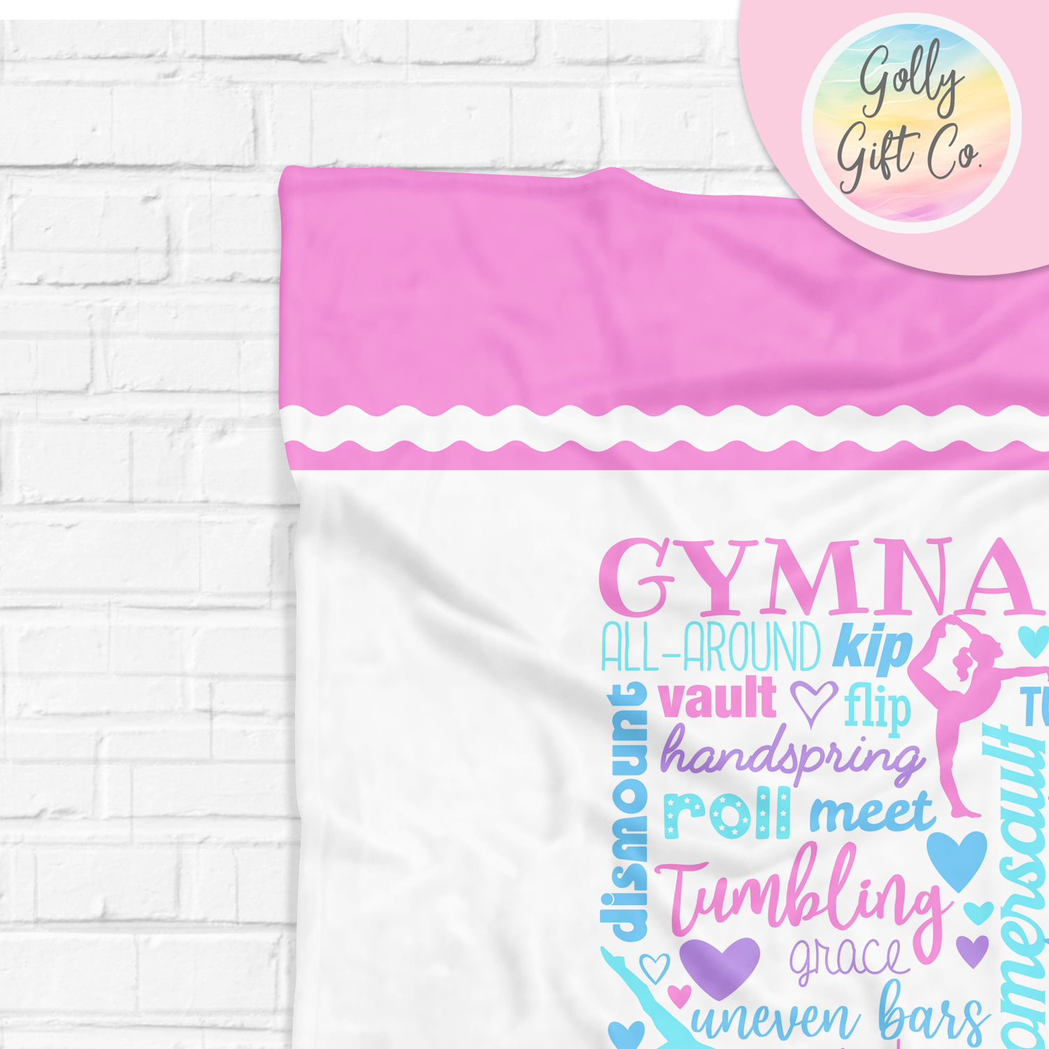 Personalized Gymnastics Typography Bedding - Pastel Gymnastics Words Themed Fleece or Sherpa Throw Blanket - Gift for Girl Gymnast - Golly Gift Co