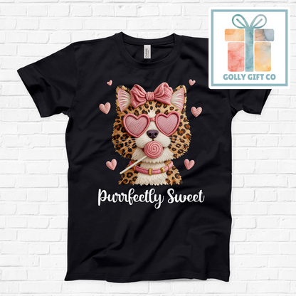 Purrfectly Sweet Leopard Cat T-Shirt - Cute Valentine's Day Graphic Tee (Bella Canvas) - Golly Gift Co