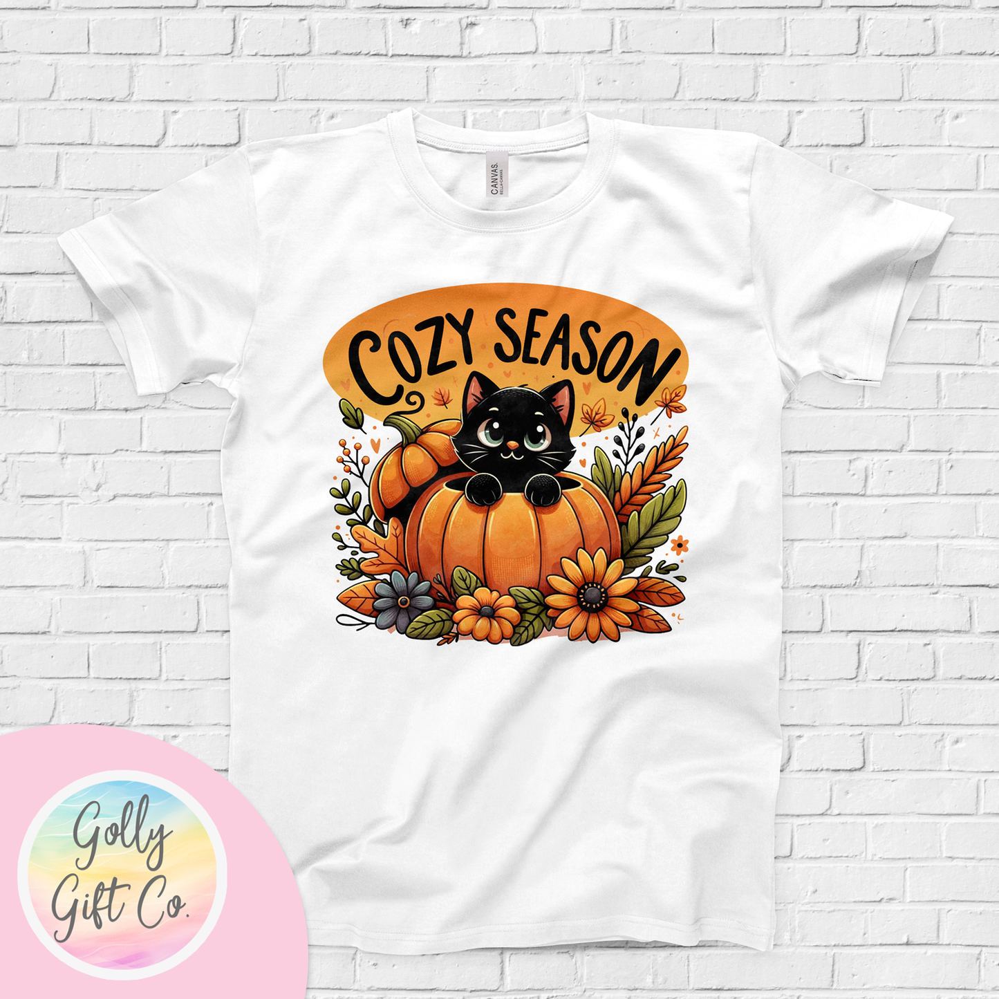 Fall/Thanksgiving It's Cozy Season - Black Cat in a Pumpkin T-Shirt (Bella Canvas) - Golly Gift Co