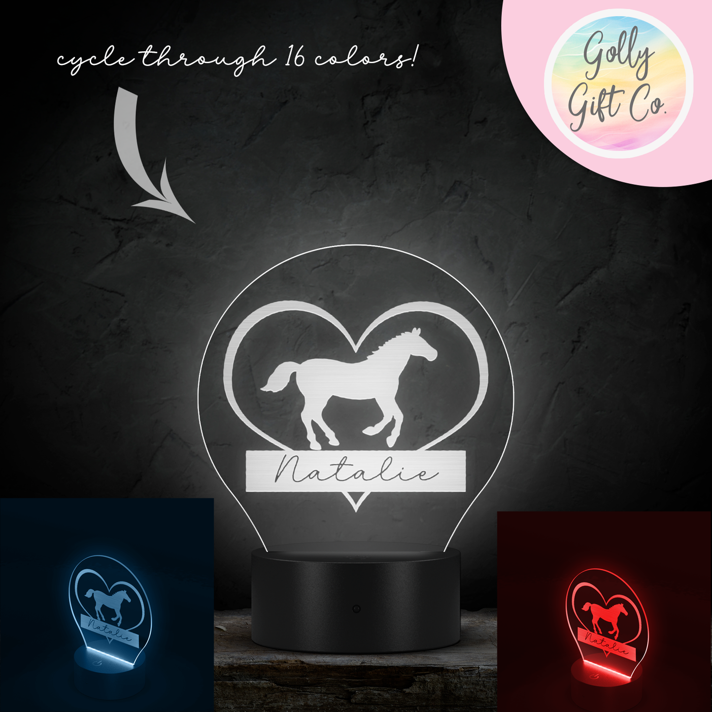 Personalized Horse and Heart LED Light with Your Name - 16 Color Nightlight / Room Light