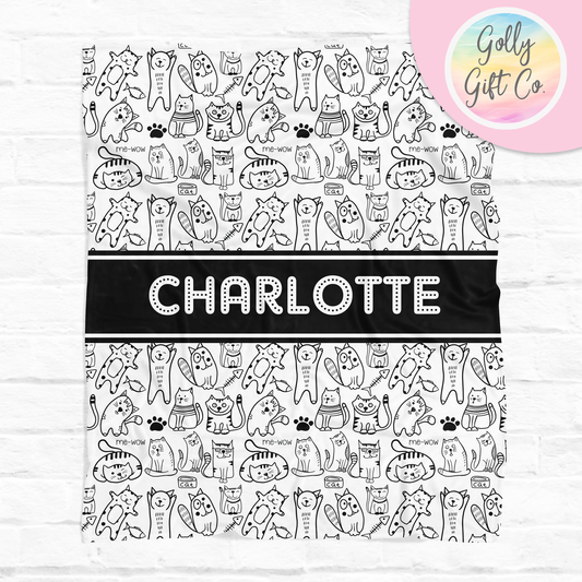 Personalized Doodle Cats Fleece Blanket / Gift for Cat Lovers / Customized Novelty Cat Gift / Your Name Blanket/ Kitten Bedding