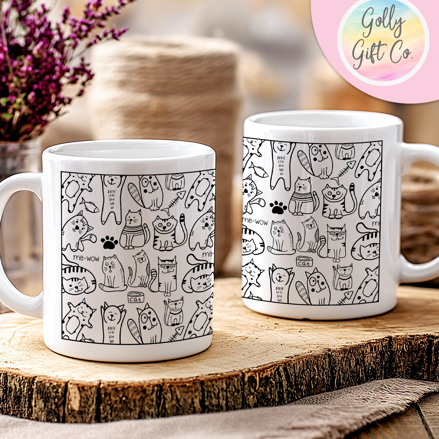 Adorable Doodle Cats Coffee Mug - Gift Mug for Cat Lovers - Black and White Doodle Kittens on a White Coffee Mug