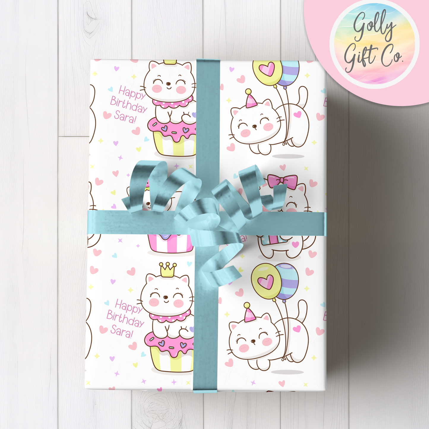 Personalized Kawaii Cat Happy Birthday Wrapping Paper - Customized Cute Kawaii Kitty Gift Wrap with Name On It