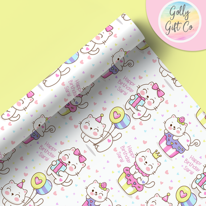 Personalized Kawaii Cat Happy Birthday Wrapping Paper - Customized Cute Kawaii Kitty Gift Wrap with Name On It