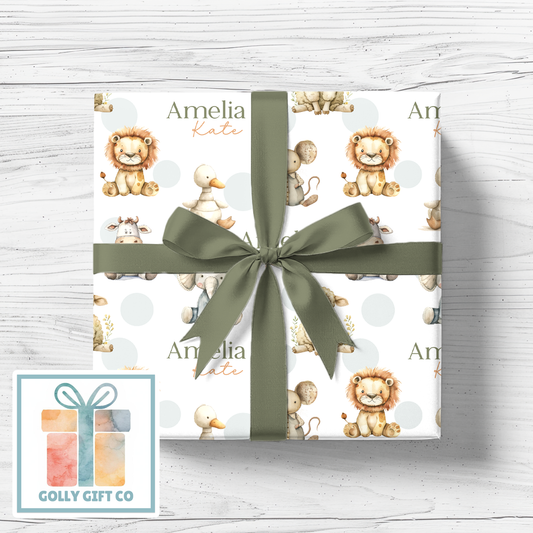 Personalized Vintage Plush Animals Wrapping Paper - Your Name Baby Birthday Baby Shower Gift Wrap - Neutral Baby's Name Animals Gift Wrap - Golly Gift Co