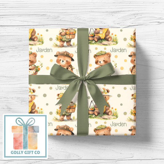 Personalized Baby Bear Wrapping Paper - Neutral Your Name Baby Birthday Baby Shower Gift Wrap - Baby's Name With Cute Teddy Bears Gift Wrap - Golly Gift Co