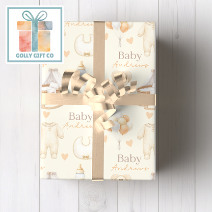 Personalized Baby Shower Wrapping Paper | Custom Name Gender Neutral Boho | New Baby - Golly Gift Co