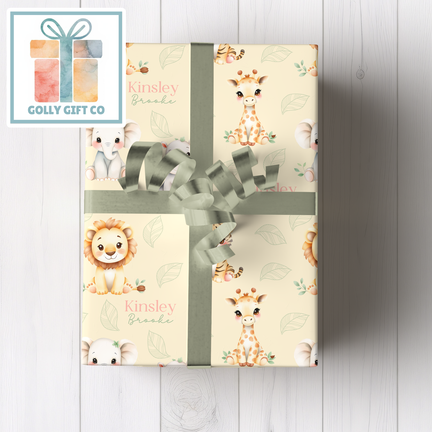 Custom Baby Name Wrapping Paper | Safari Animals Gift Wrap | Personalized Baby Shower Present Wrap - Golly Gift Co