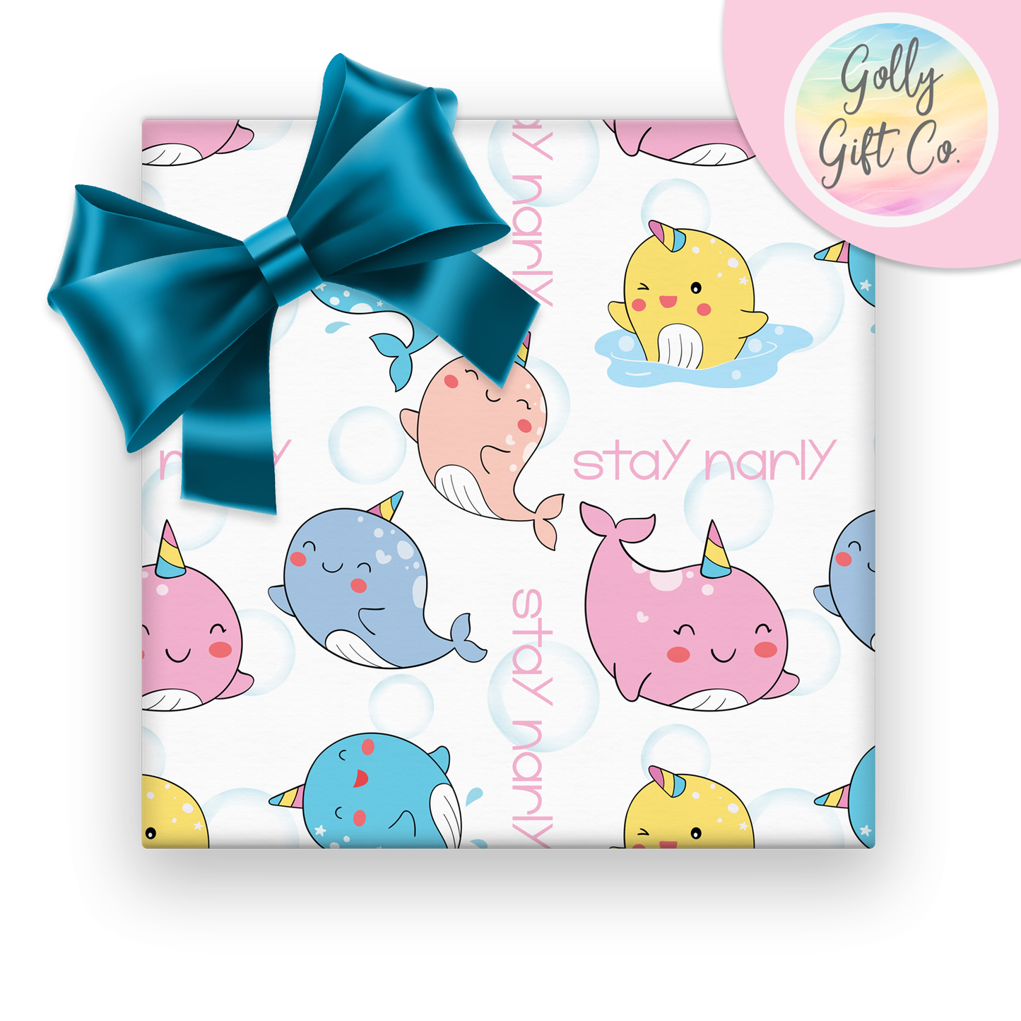 Stay Narly Adorable Narwhal Themed Wrapping Paper - Narwhal Gift Wrap For Birthday or Other Occasions - Golly Gift Co