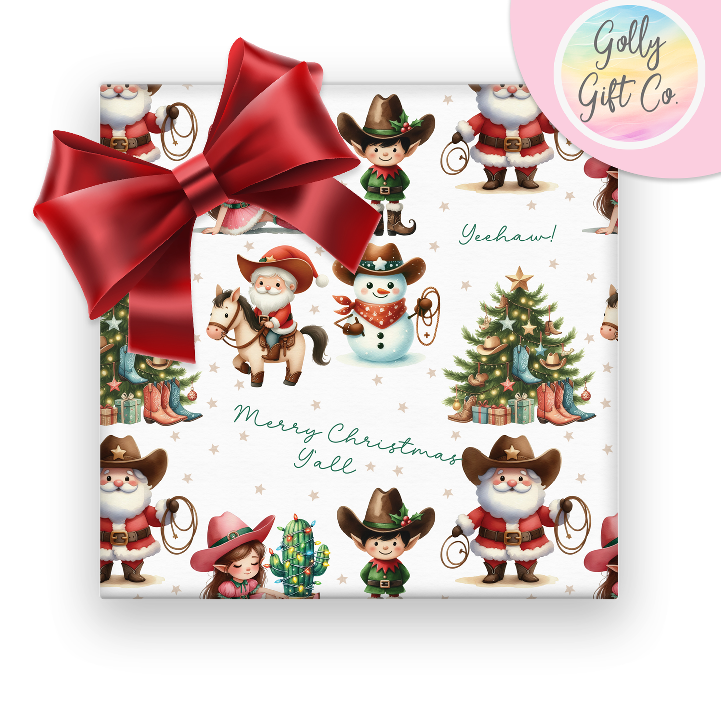 Cowboy Christmas Merry Christmas Y'all and Yeehaw Cowboy Santa Country and Western Christmas Wrapping Paper - Golly Gift Co