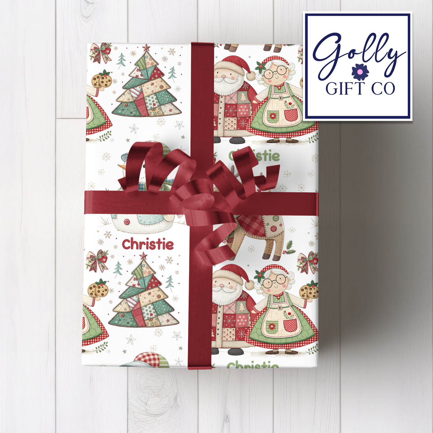 Personalized Patchwork Christmas Wrapping Paper - Your Name Christmas Gift Wrap - Custom Gift Wrap for Christmas With Santa and Mrs Claus