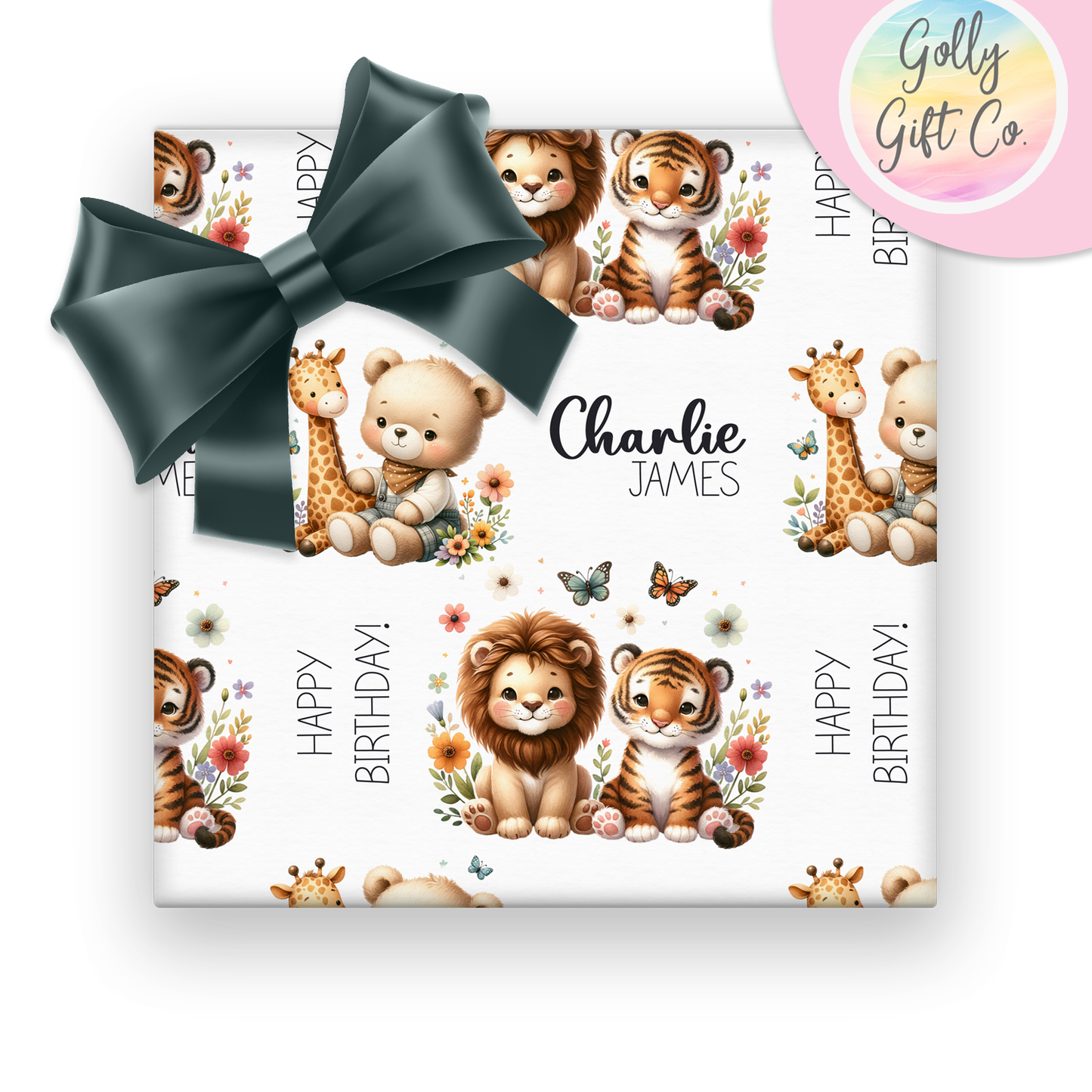 Personalized Special Occasion Wrapping Paper - Birthday - Baby Shower - Little Boy or Little Girl - Baby Animals and Teddy Bear Gift Wrap - Golly Gift Co