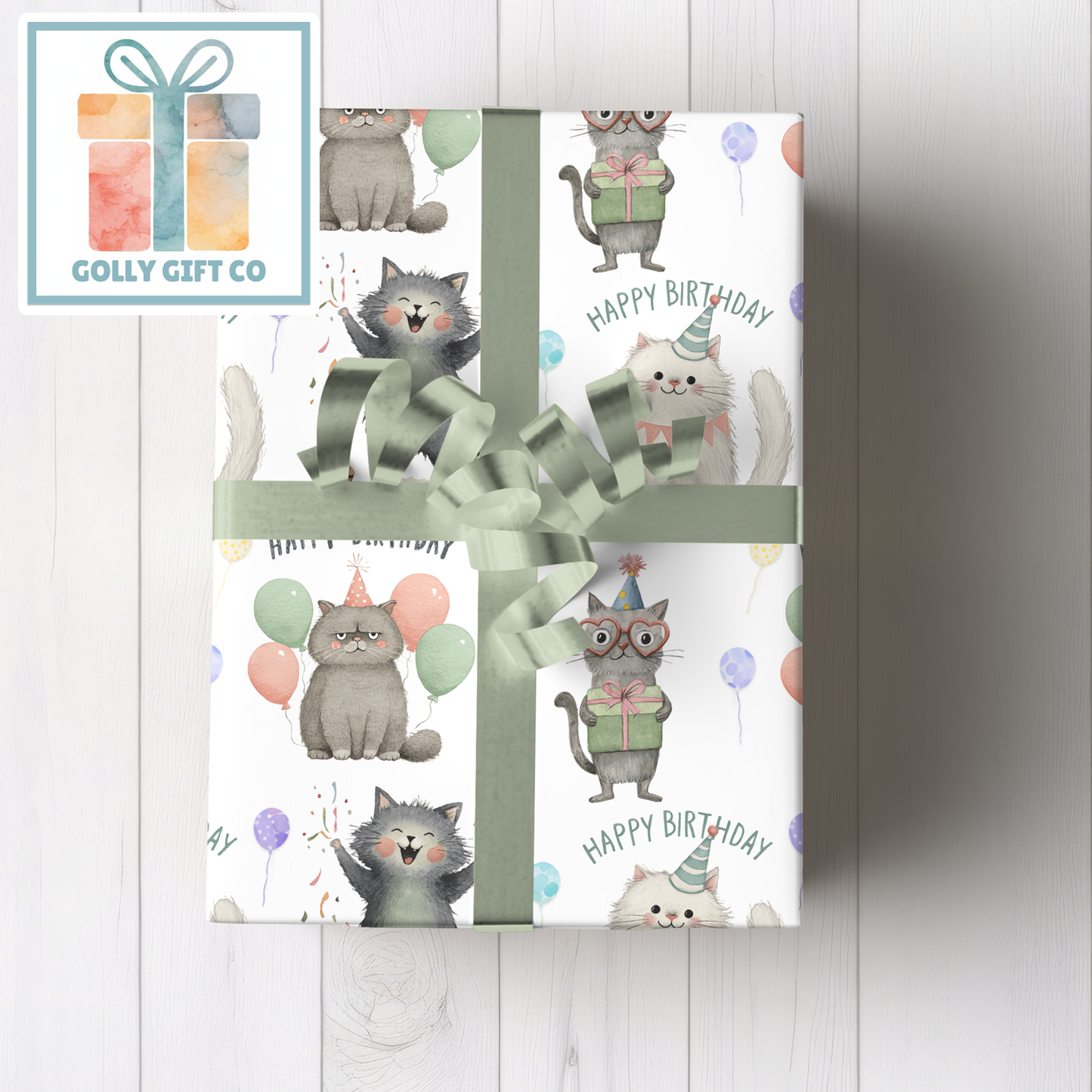 Adorable Birthday Cats with Balloons Wrapping Paper - Gift Wrap for Cat Lovers Birthdays with Cute Cats Saying Happy Birthday - Golly Gift Co
